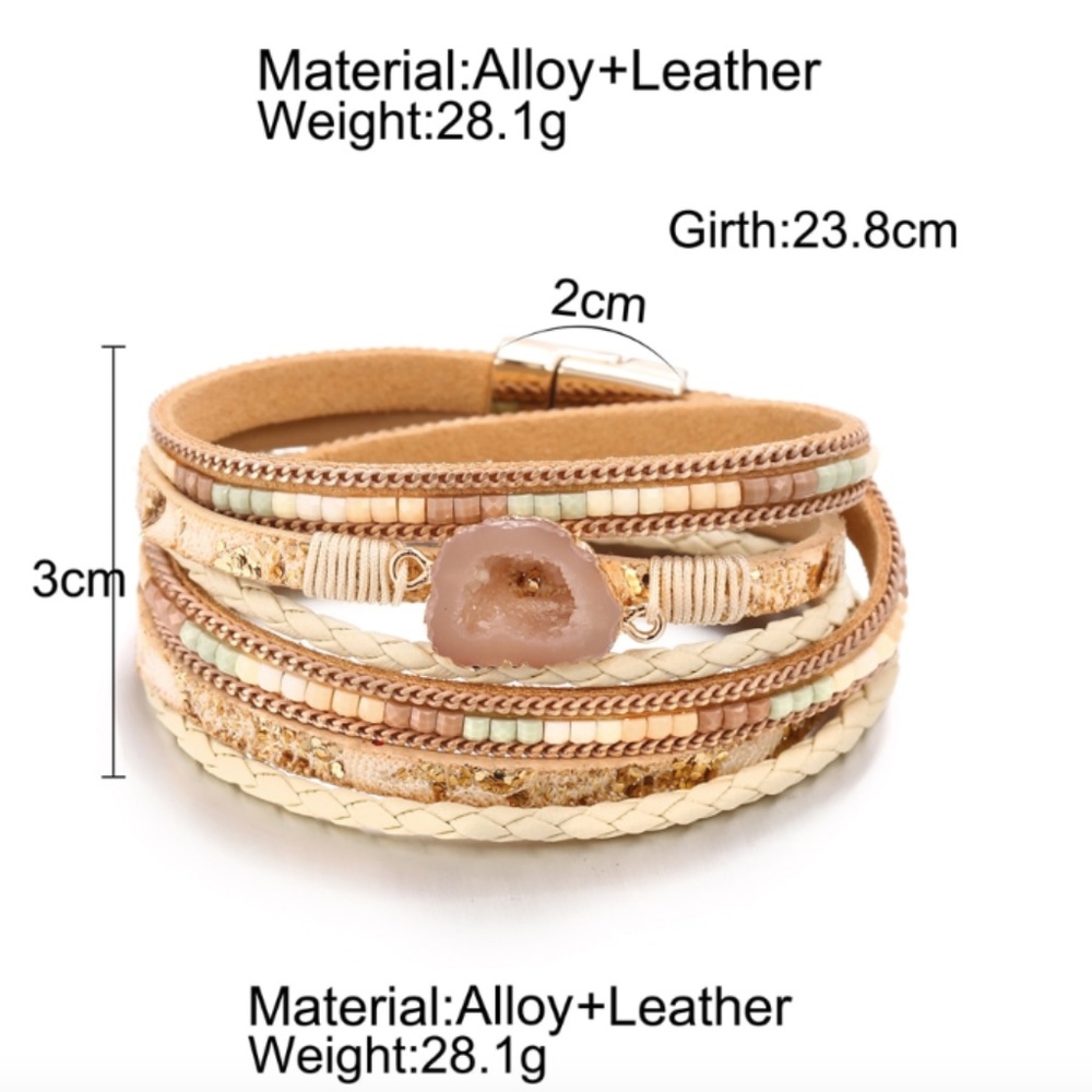 Bohemian Quartz Leather Wrap Bangle Bracelet - Picture 4 of 9